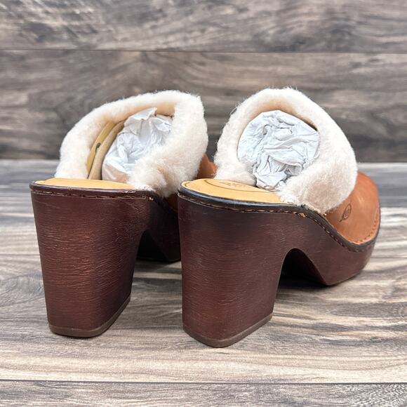 NIB Born Hope 8M Shearling-Lined Open Back Heeled Leather Clogs Brown Tan - Picture 7 of 11